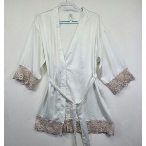 Flora Nikrooz Robe Womens L White Satin Lace Trim Bridal Sleepwear Timeless Chic